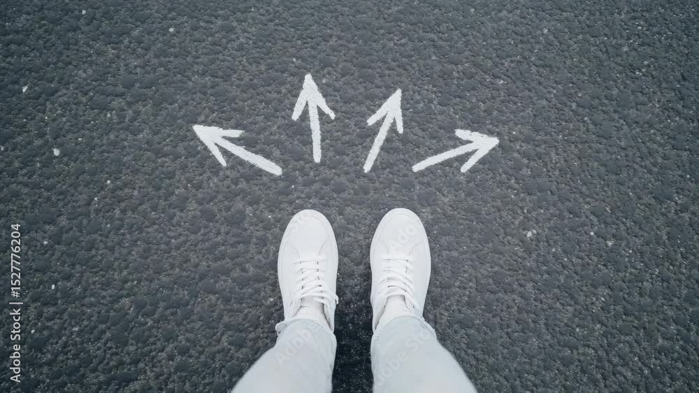 Poster White sneakers standing at crossroads, five diverging arrows symbolizing complex decision making process with multiple potential paths and career directions