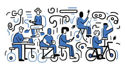 Modern Abstract People Activities Illustration – Blue and Black Line Art
