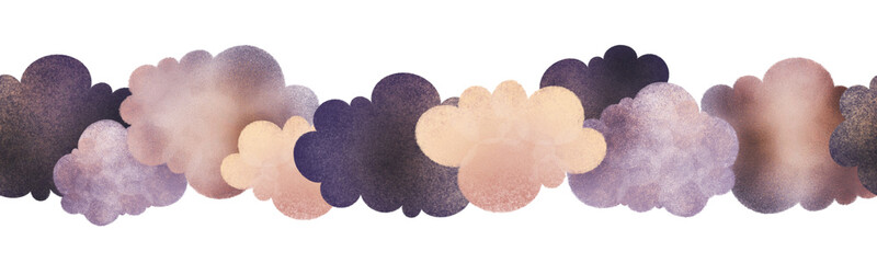 Seamless border digital illustration of colorful clouds with watercolor texture. Perfect for children's books, nursery decor, or fabric patterns. Raster graphic, ideal for designs and backgrounds
