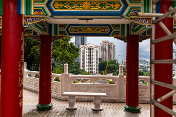 Symmetrical red pagoda structure, Tehan Hou Temple, Malaysia