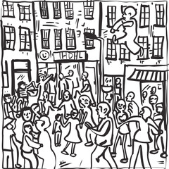 Doodle City Protest Scene – Crowd with Signs in Urban Sketch Illustration
