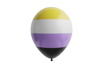  a single, vibrant balloon, showcasing the distinctive yellow, white, purple, and black stripes of the non-binary pride flag, symbolizing unique identities and joyful celebration