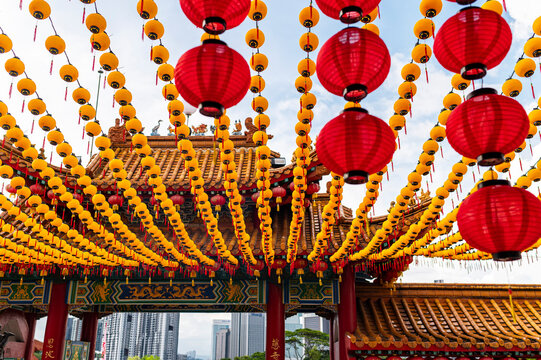 Lanterns above golden temple roof, Thean Hou Temple, Malaysia