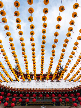 Yellow lanterns aligned in sky view, Thean Hou Temple, Malaysia