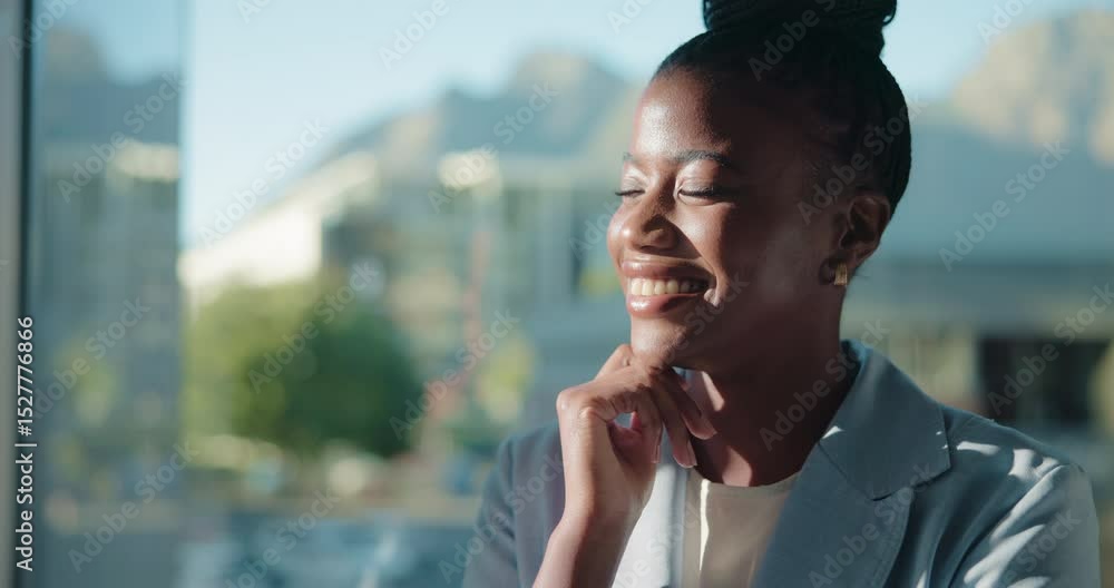 Poster thinking, happy and businesswoman in office by window with ideas, planning or brainstorming for publ
