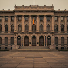 Fototapeta premium The grand, symmetrical facade of a historic neoclassical building with columns and intricate details. A concept of government, education, or finance. 