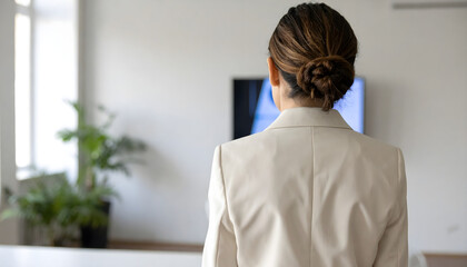 A businesswoman in a modern office observes a large screen displaying dynamic data visualization, showcasing innovative technology and strategic business analysis for corporate success.