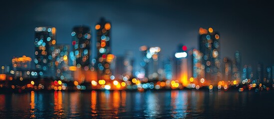 Blurry cityscape at night, reflected in water