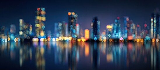 Blurry cityscape at night, with reflections on water