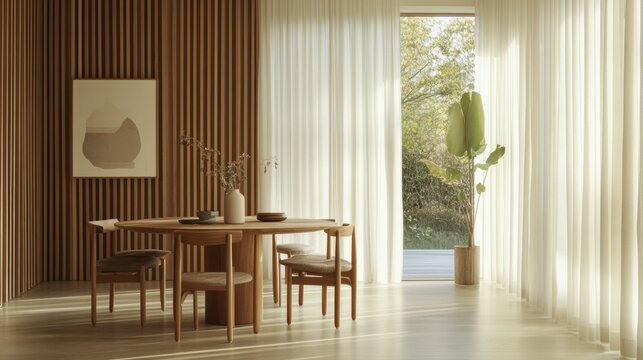 Interior design dining room area with wooden furniture and artwork