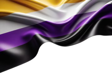 a non-binary pride flag gracefully waving, with its distinct yellow, white, purple, and black stripes, offering ample copy space