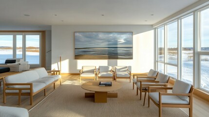 Fototapeta premium Brightly Lit Modern Living Room Featuring Stylish Furniture Pieces