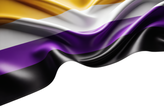 a non-binary pride flag gracefully waving, with its distinct yellow, white, purple, and black stripes, offering ample copy space