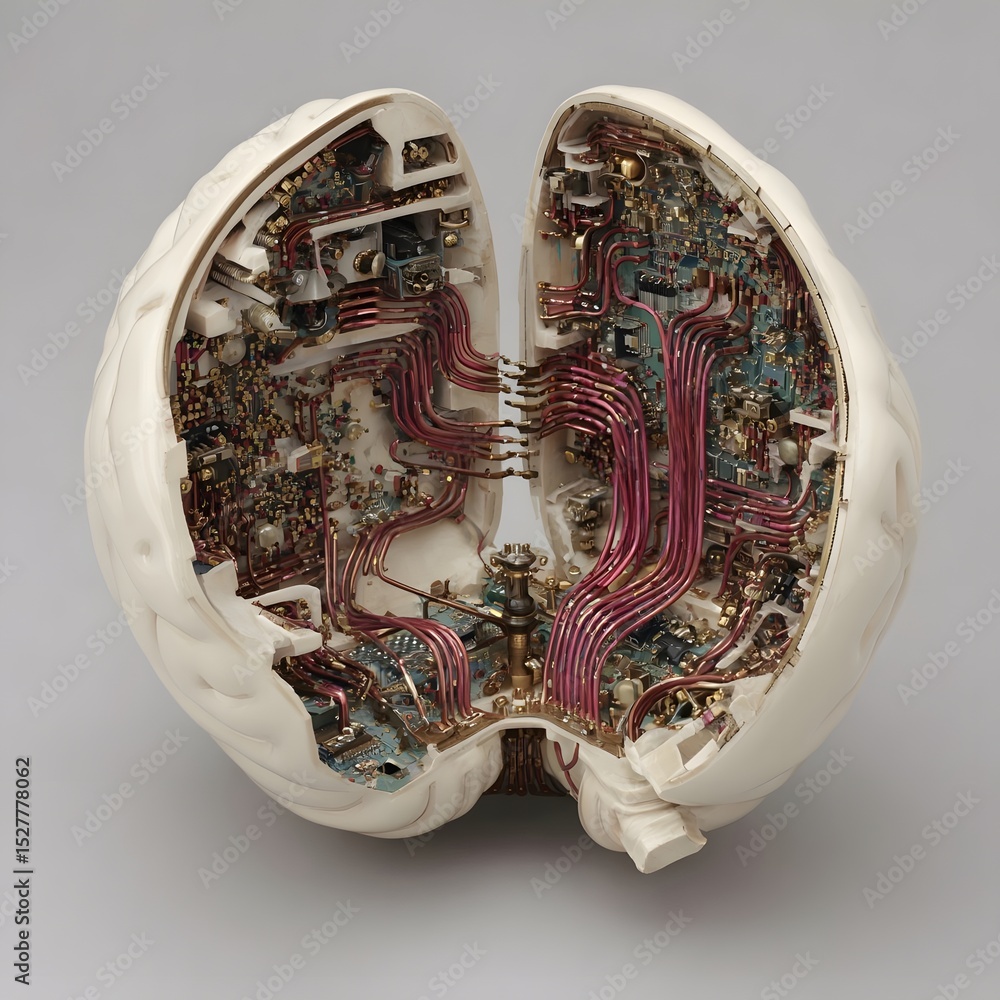 Poster intricate cross-section of a mechanical brain showcasing colorful circuitry and wiring