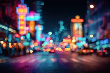Blurry night street scene with vibrant neon signs