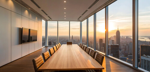 Fototapeta premium Stunning Cityscape View from Modern Boardroom