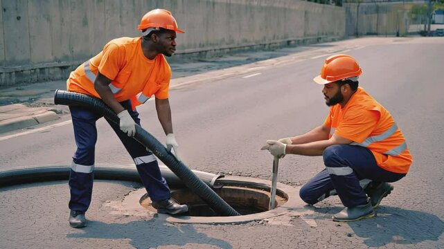 Two Male Drainage Workers in Safety Gear Clearing a Manhole and Sewer System on a City Street
