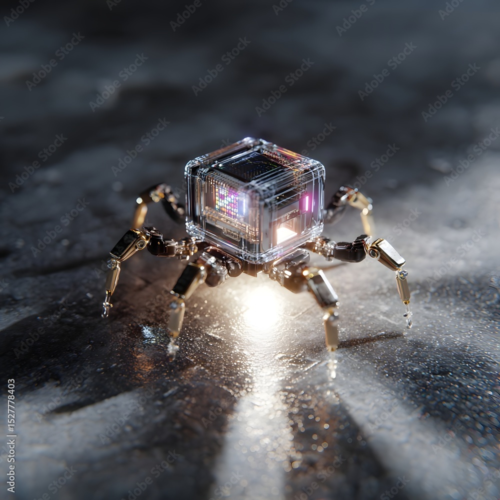 Poster futuristic robotic spider with a transparent cube body, illuminated on a reflective surface