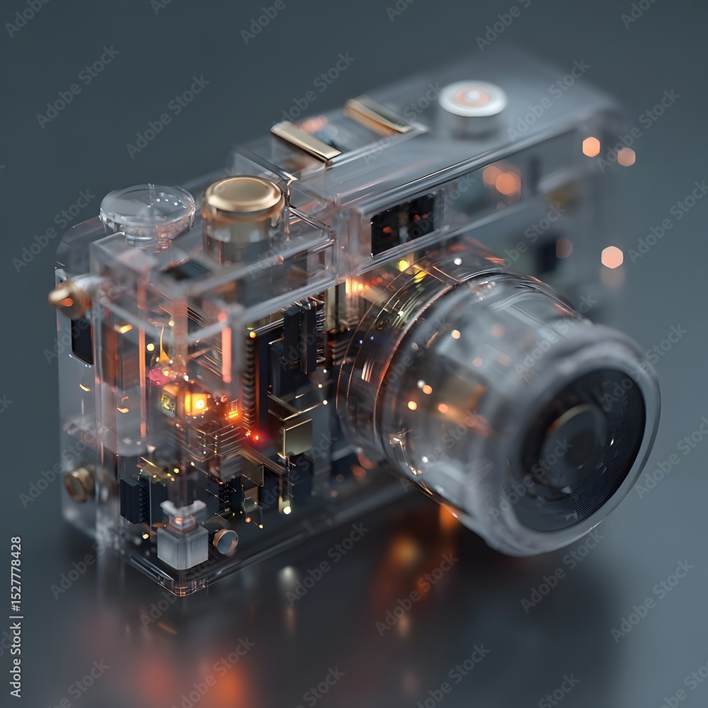 Aufkleber transparent camera showcasing intricate internal components with glowing lights on a dark background