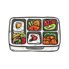 Hand-drawn illustration of bento box filled with assortment of delicious and nutritious foods  isolated on white background