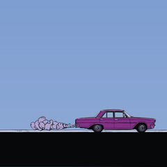 Retro Car on Road Emitting Pink Smoke – Minimalist Vector Art
