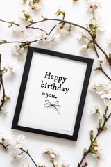 Black framed birthday greeting surrounded by white blossoms