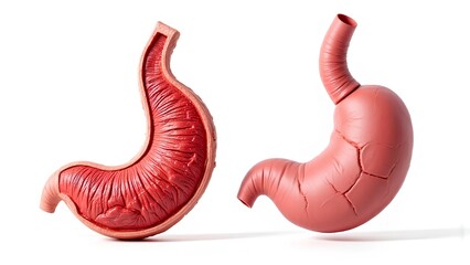 Anatomical model of a human stomach showing two states: a healthy internal cross-section and a damaged, cracked exterior, representing disease or disorder, isolated on a white backg