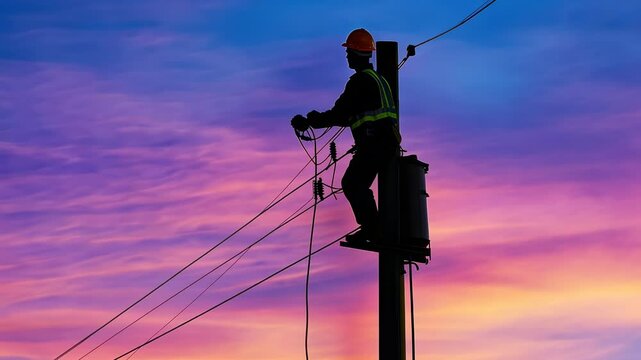 Silhouette of lineman on utility pole at sunset
