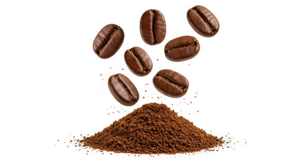 Isolated coffee beans falling on ground coffee