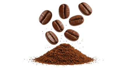 Isolated coffee beans falling on ground coffee