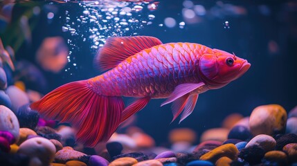 Vibrant fish in a colorful aquarium.  Bubbles rise from the water's surface.  A  red-and-pink fish with a flowing tail fin swims gracefully.  Gravel of various colors lines the bottom of the tank