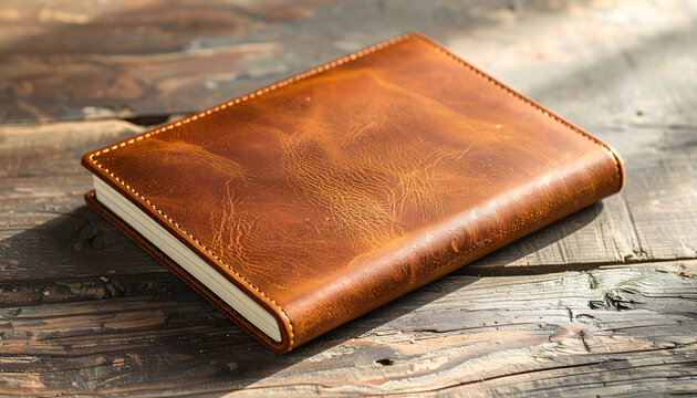 Luxurious brown leather journal rests on a rustic wooden surface displaying its rich texture and handcrafted details ideal for writers artists and travelers seeking elegant stationery.