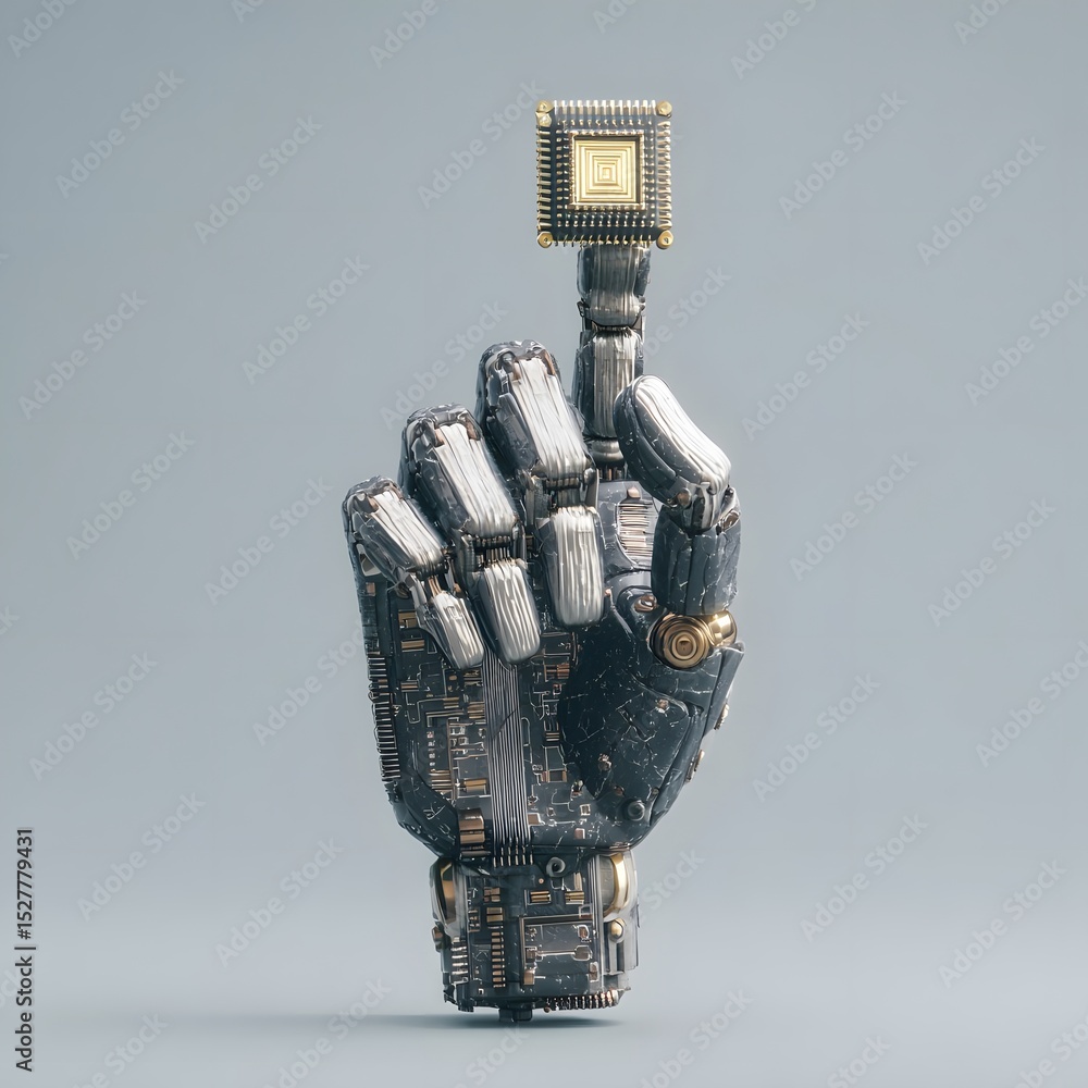 Aufkleber robotic hand with intricate circuitry holding a microchip against a minimalist gray background