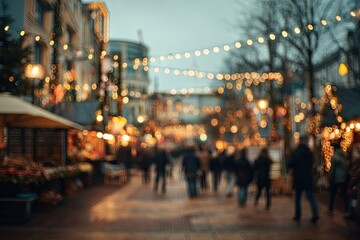 Blurred city street scene at twilight, filled with Christmas market stalls and twinkling lights