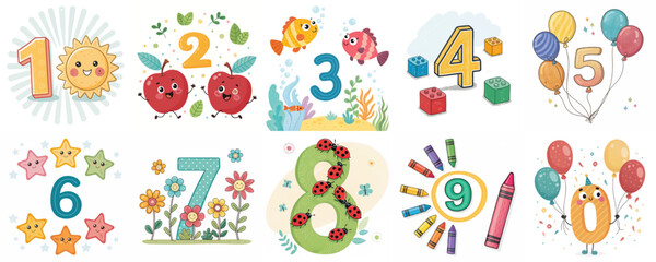 Collection of colorful numbers one to ten with playful designs for children's education and creativity