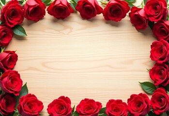 Cornice di rose rosse su un tavolo, spazio vuoto per inserimento elementi o testo. 