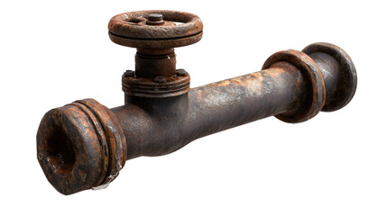 Rusty metal water valve showing corrosion and industrial details against abstract isolated on white transparent background