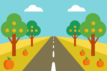 Scenic Country Road with Orange Groves A Vibrant Summer Drive