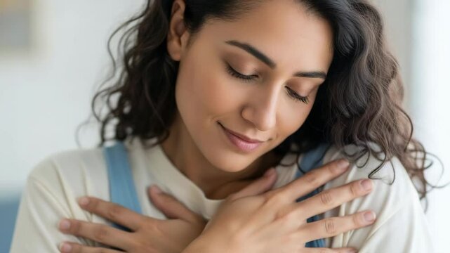 Gentle embrace Woman with curly hair expresses love for herself by tenderly touching her chest with both hands