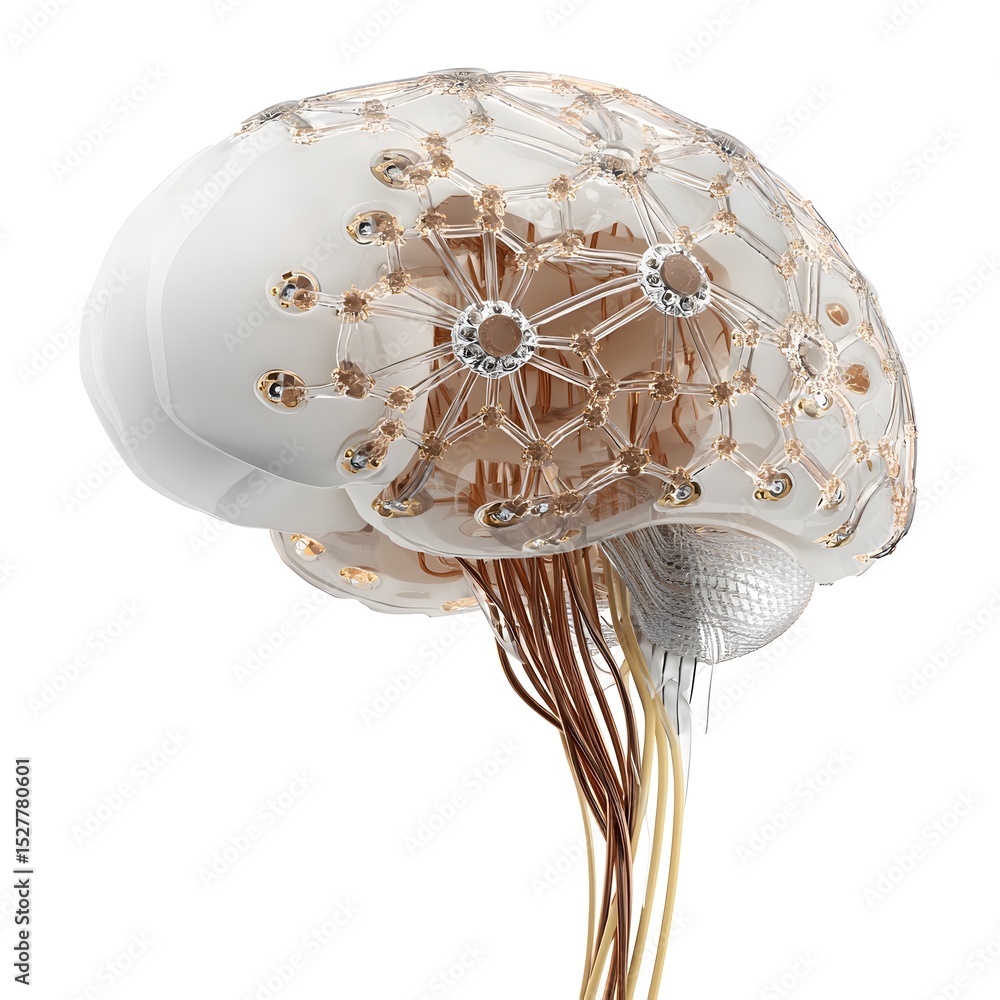 Poster futuristic brain design with intricate connections and glowing elements, symbolizing advanced techno
