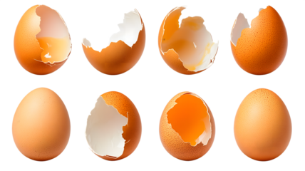 Close up of eggs and broken eggshells against a geometric background showing the concept of food and cooking ingredients isolated on white transparent background