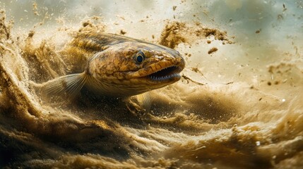 Muddy water eel bursts through sediment