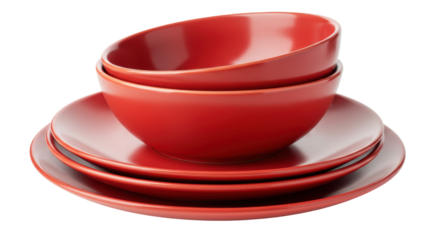 Isolated Stack of Red Plates and Bowls