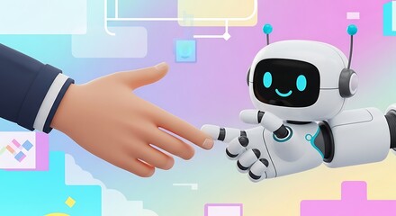 Human hand reaching out to a friendly robot, artificial intelligence concept