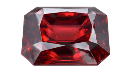 Radiant gemstone depiction showcasing vivid red ruby with faceted surface reflections isolated on white transparent background