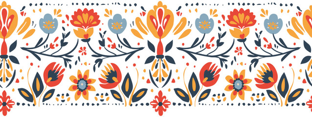 Folk Floral Seamless Border Pattern – Decorative Vintage Flower Vector Design
