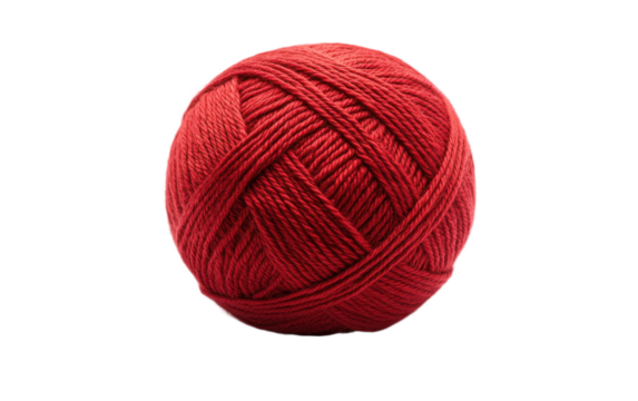 Red ball of yarn sits on a white background