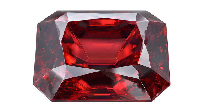 Radiant gemstone depiction showcasing vivid red ruby with faceted surface reflections isolated on white transparent background