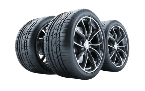 Three tires are shown in a row, with the middle tire being the largest