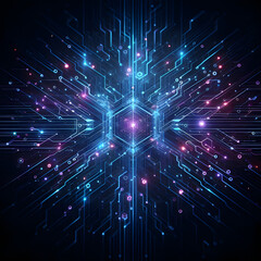 Obraz premium Abstract technology background with floating neon circuits in deep black space. Geometric lines and nodes form a digital neural web. Cool tones of electric blue and violet pulse with soft glow.